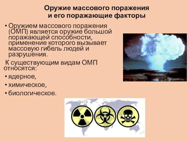 Оружие массового поражения и его поражающие факторы Оружием массового поражения (ОМП)