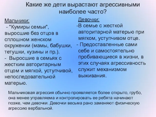 Какие же дети вырастают агрессивными наиболее часто? Мальчики: - "Кумиры семьи",