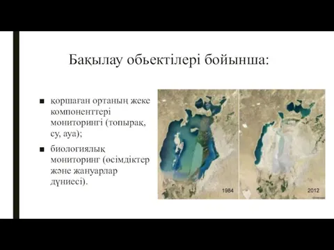 Бақылау обьектілері бойынша: қоршаған ортаның жеке компоненттері мониторингі (топырақ, су, ауа);