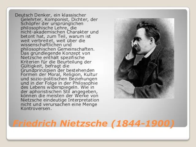 Friedrich Nietzsche (1844-1900) Deutsch Denker, ein klassischer Gelehrter, Komponist, Dichter, der