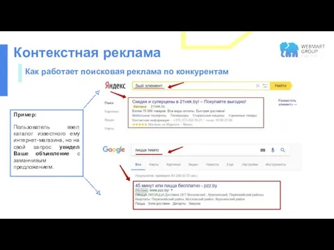 Контекстная реклама Как работает поисковая реклама по конкурентам Пример: Пользователь ввел