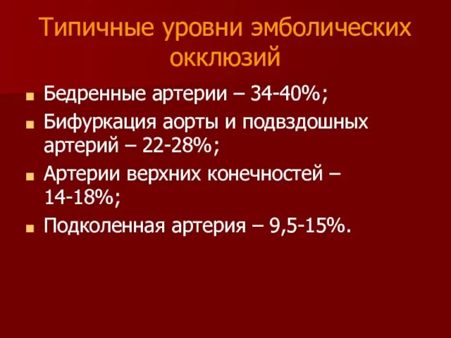 Типичные уровни эмболических окклюзий Бедренные артерии – 34-40%; Бифуркация аорты и