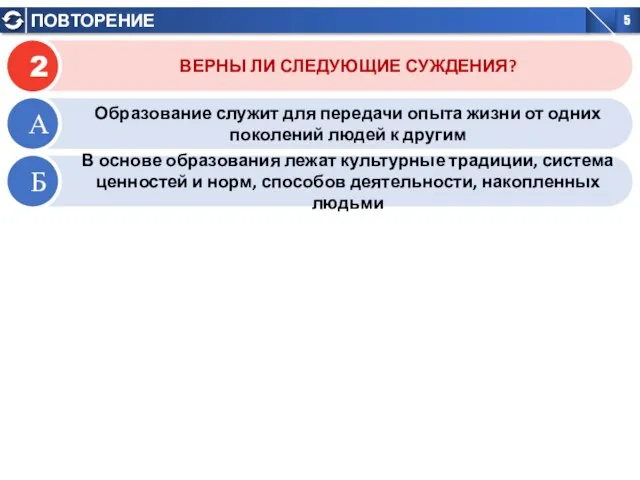 ВЕРНЫ ЛИ СЛЕДУЮЩИЕ СУЖДЕНИЯ? 2 Образование служит для передачи опыта жизни