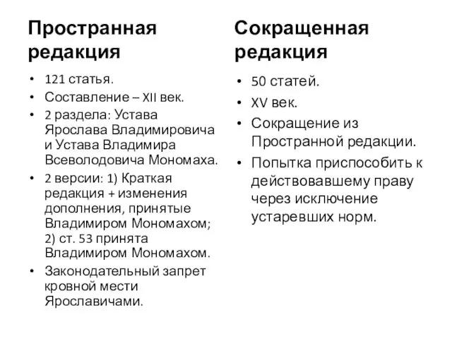 Пространная редакция 121 статья. Составление – XII век. 2 раздела: Устава