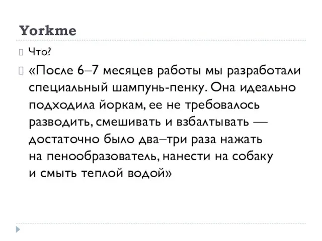 Yorkme Что? «После 6–7 месяцев работы мы разработали специальный шампунь-пенку. Она