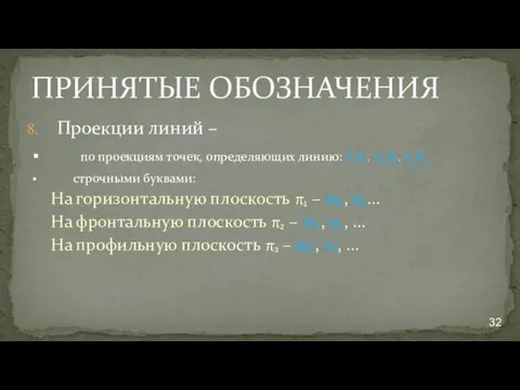 ПРИНЯТЫЕ ОБОЗНАЧЕНИЯ Проекции линий – по проекциям точек, определяющих линию: A1B1’