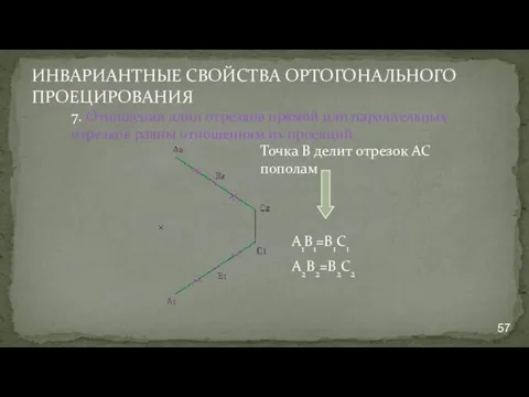 ИНВАРИАНТНЫЕ СВОЙСТВА ОРТОГОНАЛЬНОГО ПРОЕЦИРОВАНИЯ 7. Отношения длин отрезков прямой или параллельных