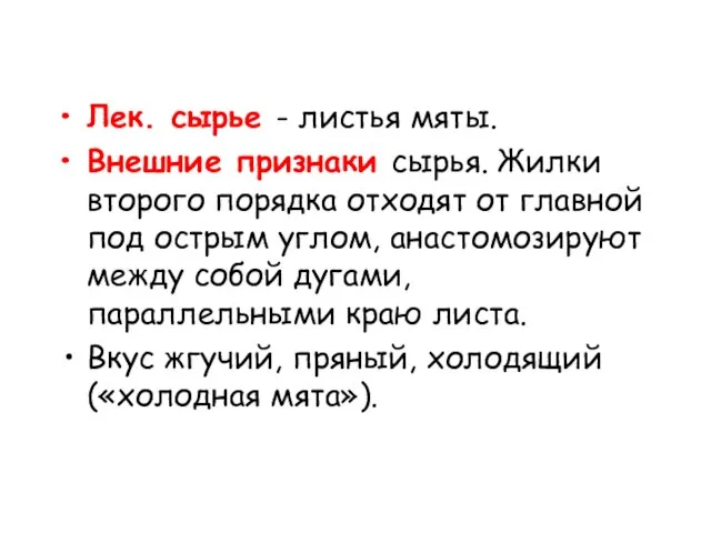 Лек. сырье - листья мяты. Внешние признаки сырья. Жилки второго порядка