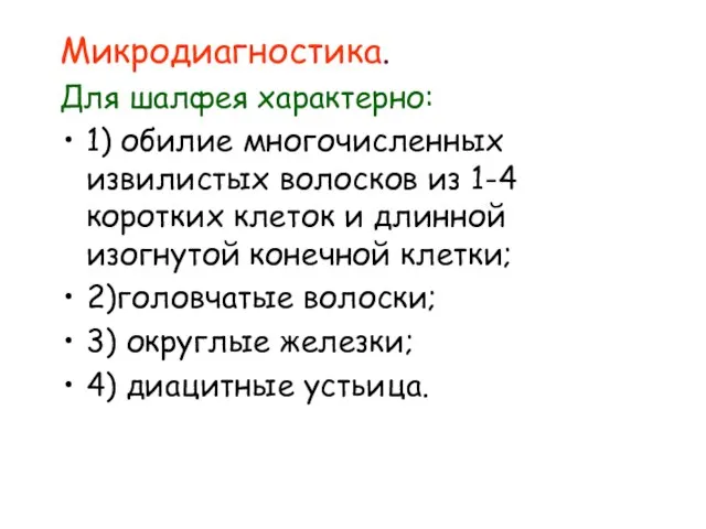 Микродиагностика. Для шалфея характерно: 1) обилие многочисленных извилистых волосков из 1-4