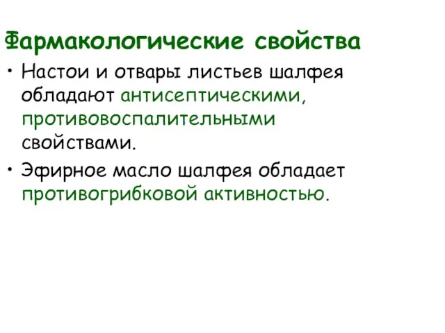 Фармакологические свойства Настои и отвары листьев шалфея обладают антисептическими, противовоспалительными свойствами.