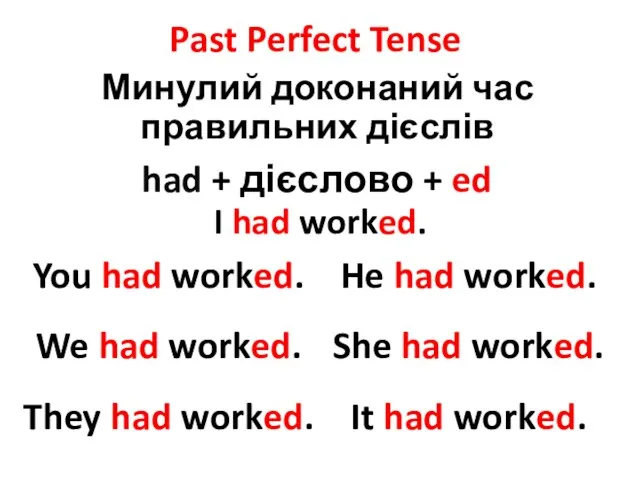 Past Perfect Tense Минулий доконаний час правильних дієслів had + дієслово