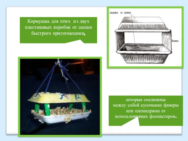 Кормушка для птиц из двух пластиковых коробок от лапши быстрого приготовления,