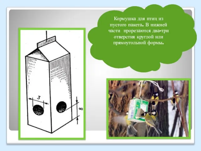 Кормушка для птиц из пустого пакета. В нижней части прорезаются два-три отверстия круглой или прямоугольной формы.