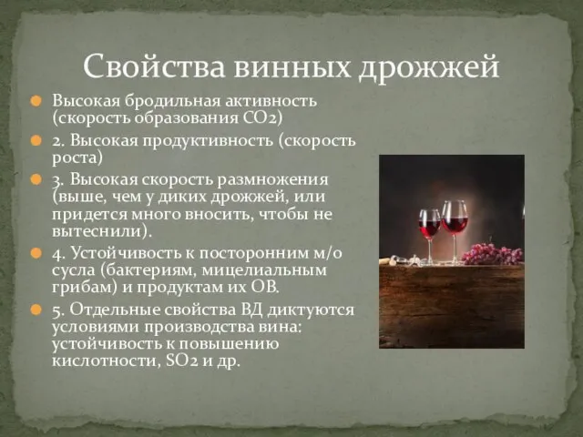 Высокая бродильная активность (скорость образования СО2) 2. Высокая продуктивность (скорость роста)