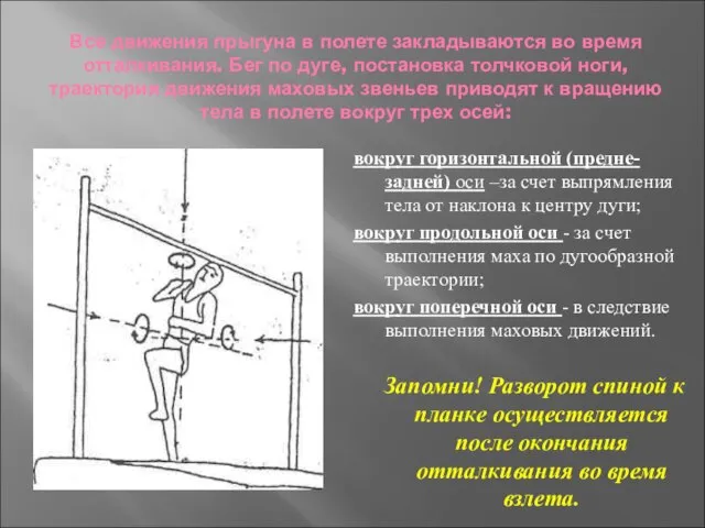 Все движения прыгуна в полете закладываются во время отталкивания. Бег по