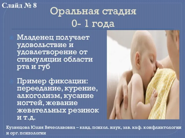 Оральная стадия 0- 1 года Младенец получает удовольствие и удовлетворение от
