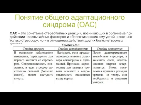 Понятие общего адаптационного синдрома (ОАС) ОАС – это сочетание стереотипных реакций,