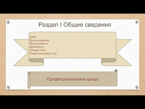 ФИО: Дата рождения: Место работы: Должность: Общий стаж: Педагогический стаж: Профессиональное кредо: