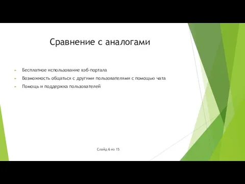 Сравнение с аналогами Бесплатное использование вэб-портала Возможность общаться с другими пользователями