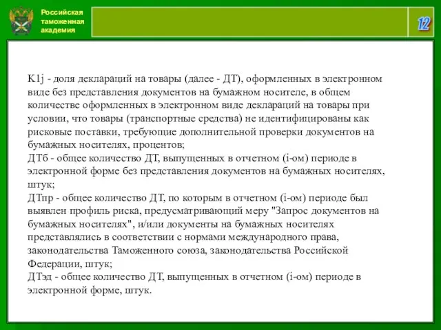 Российская таможенная академия 12 K1j - доля деклараций на товары (далее