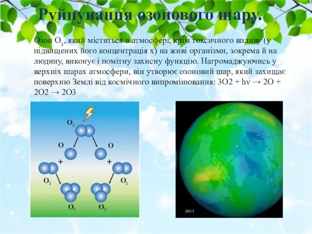 Руйнування озонового шару. Озон О3, який міститься в атмосфері, крім токсичного