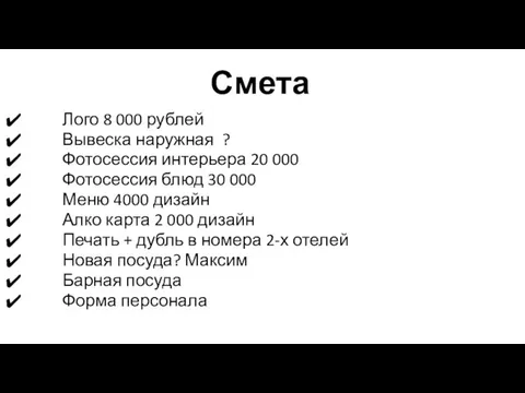 Смета Лого 8 000 рублей Вывеска наружная ? Фотосессия интерьера 20