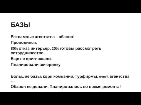 БАЗЫ Рекламные агентства – обзвон! Проводился, 80% отказ интерьер, 20% готовы