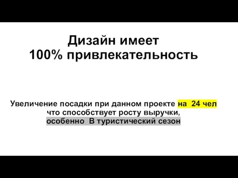 Дизайн имеет 100% привлекательность Увеличение посадки при данном проекте на 24