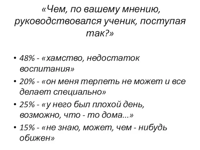 «Чем, по вашему мнению, руководствовался ученик, поступая так?» 48% - «хамство,