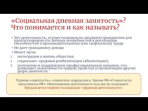 «Социальная дневная занятость»? Что понимается и как называть? Это деятельность, осуществляемая