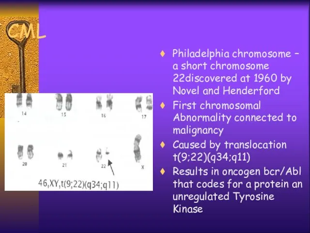 CML Philadelphia chromosome – a short chromosome 22discovered at 1960 by