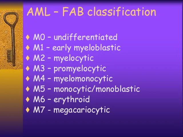 AML – FAB classification M0 – undifferentiated M1 – early myeloblastic