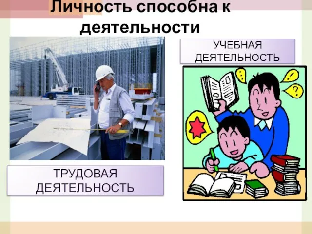 Личность способна к деятельности ТРУДОВАЯ ДЕЯТЕЛЬНОСТЬ УЧЕБНАЯ ДЕЯТЕЛЬНОСТЬ