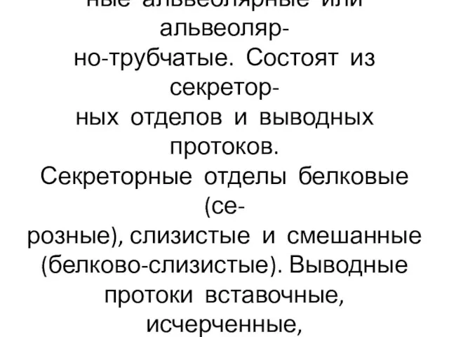 Большие слюнные железы слож- ные альвеолярные или альвеоляр- но-трубчатые. Состоят из