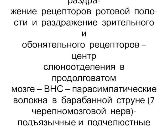 Регуляция слюноотделения: раздра- жение рецепторов ротовой поло- сти и раздражение зрительного