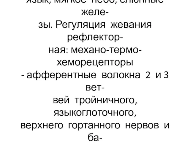 В жевании участвуют челюсти, же- вательные и мимические мышцы, язык, мягкое