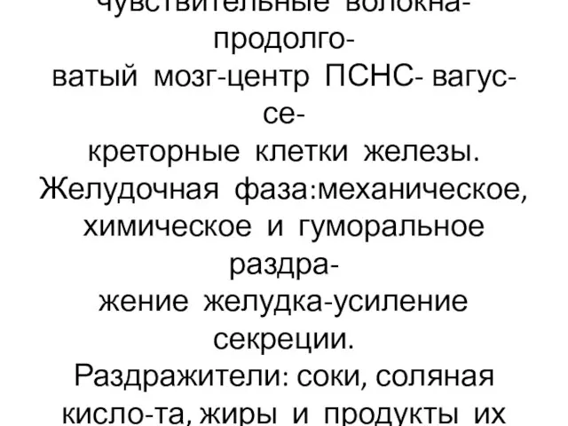 Рефлекторная дуга: рецепторы рта- чувствительные волокна-продолго- ватый мозг-центр ПСНС- вагус-се- креторные