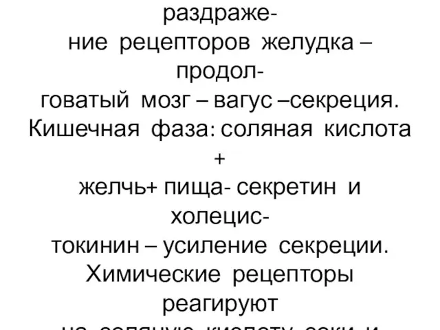 Желудочная фаза: механо-хеморе- цепторы и гуморальное раздраже- ние рецепторов желудка –