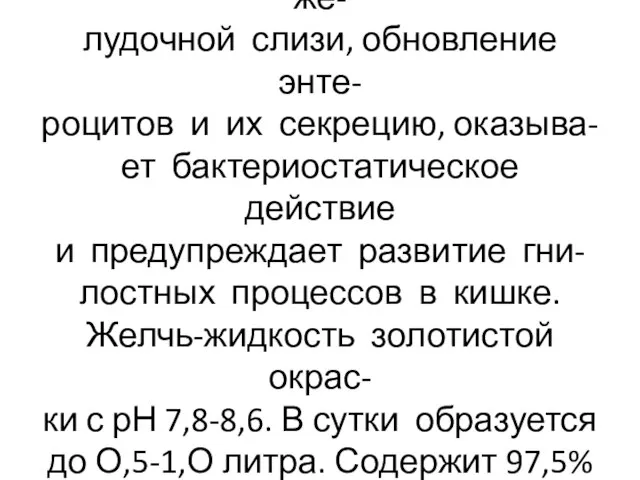 Желчь стимулирует секрецию же- лудочной слизи, обновление энте- роцитов и их