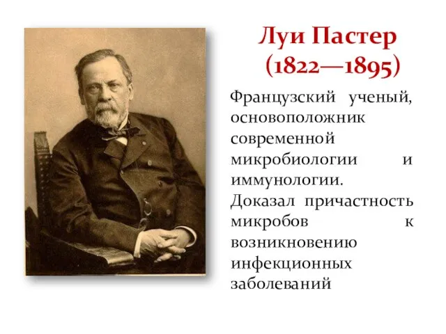 Луи Пастер (1822—1895) Французский ученый, основоположник современной микробиологии и иммунологии. Доказал