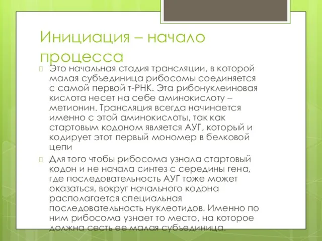 Инициация – начало процесса Это начальная стадия трансляции, в которой малая