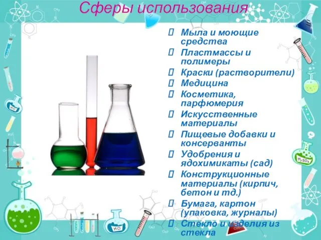 Сферы использования Мыла и моющие средства Пластмассы и полимеры Краски (растворители)