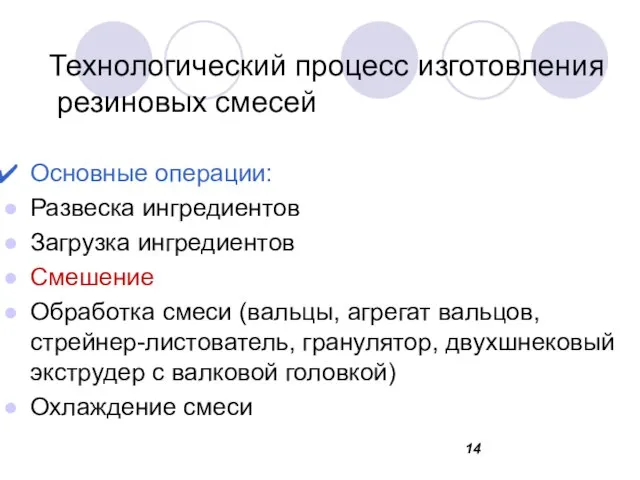 Технологический процесс изготовления резиновых смесей Основные операции: Развеска ингредиентов Загрузка ингредиентов