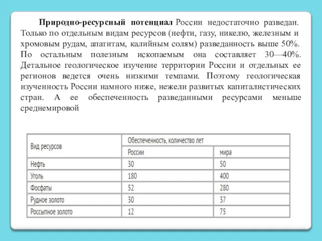 Природно-ресурсный потенциал России недостаточно разведан. Только по отдельным видам ресурсов (нефти,