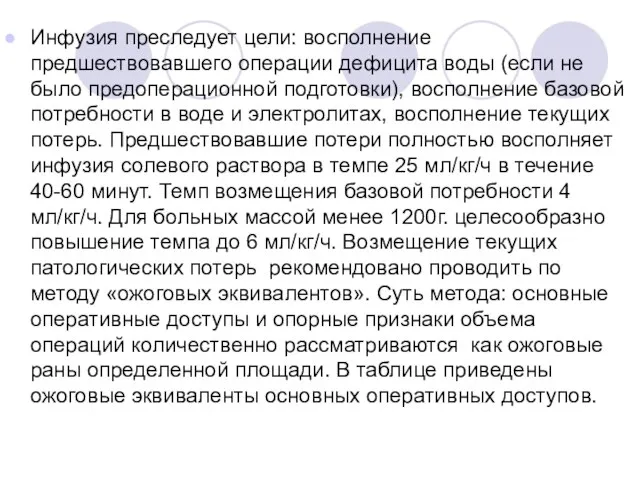 Инфузия преследует цели: восполнение предшествовавшего операции дефицита воды (если не было