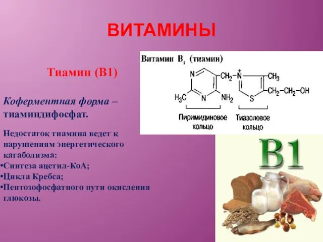 Тиамин (В1) Коферментная форма – тиаминдифосфат. Недостаток тиамина ведет к нарушениям