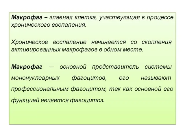 Макрофаг – главная клетка, участвующая в процессе хронического воспаления. Хроническое воспаление