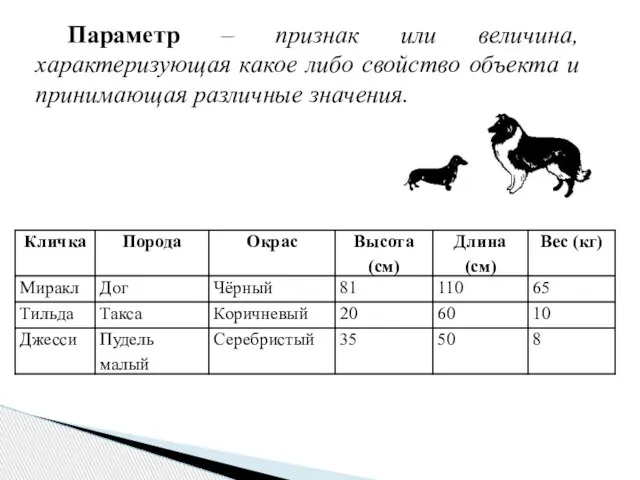 Параметр – признак или величина, характеризующая какое либо свойство объекта и принимающая различные значения.