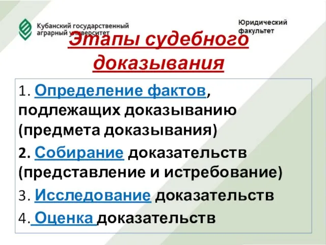 Этапы судебного доказывания 1. Определение фактов, подлежащих доказыванию (предмета доказывания) 2.