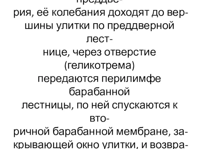 Перемещается перилимфа преддве- рия, её колебания доходят до вер- шины улитки